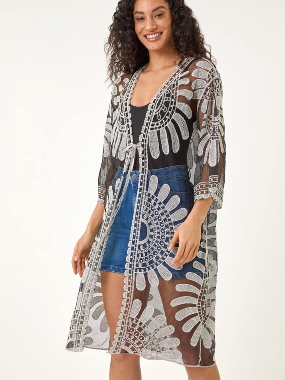 Rebellion Brown Sheer Kimono with White Embroidered Motifs